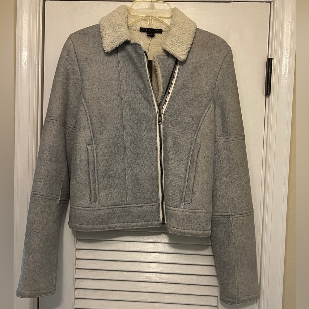 Theory Lambskin Shearling Light Blue Distressed Moto Jacket Sz XS NWT